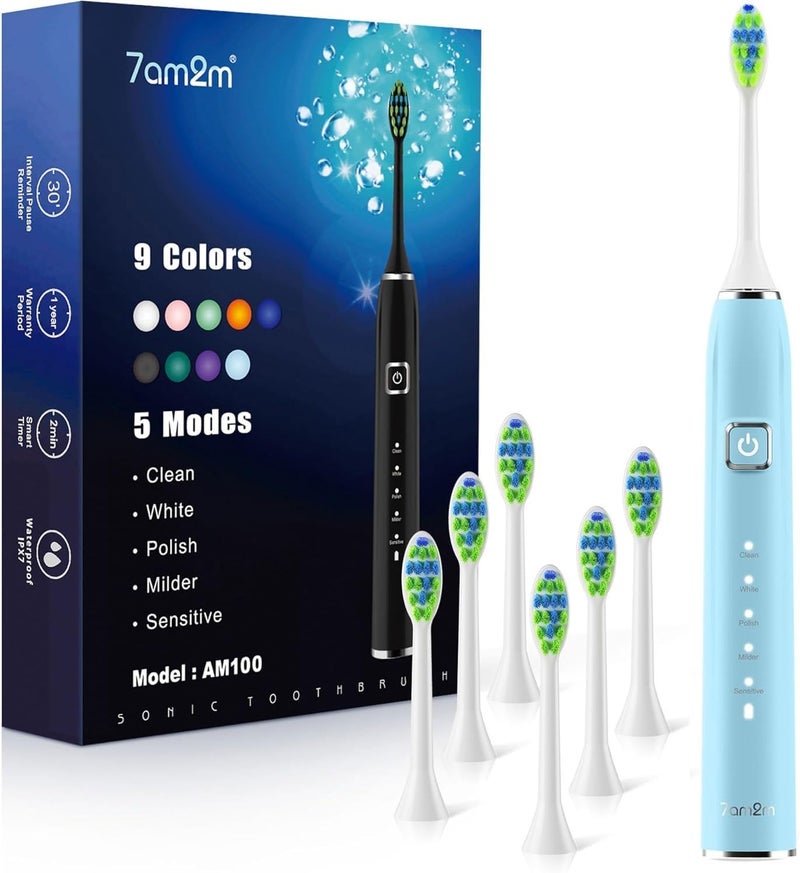 7AM2M Ultrasonic Electric Toothbrush with 6 Brush Heads for Adults&Kids, One Charge for 120 Days, USB-C Charge, 5 Modes, 40000VPM Powered Toothbrush, 2 Minutes Built in Smart Timer (Light Blue) - Image 1